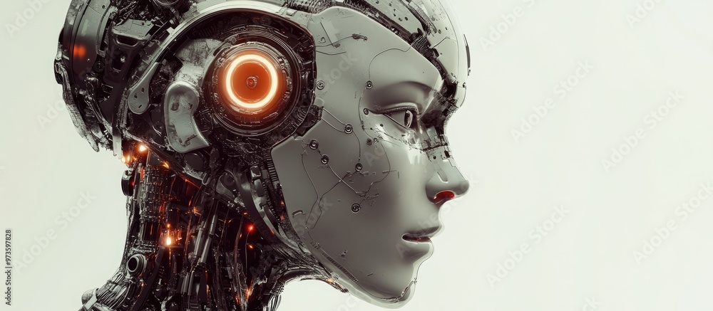 Poster 3d rendering of a robotic cyborg head illustrating the concept of artificial intelligence and learni