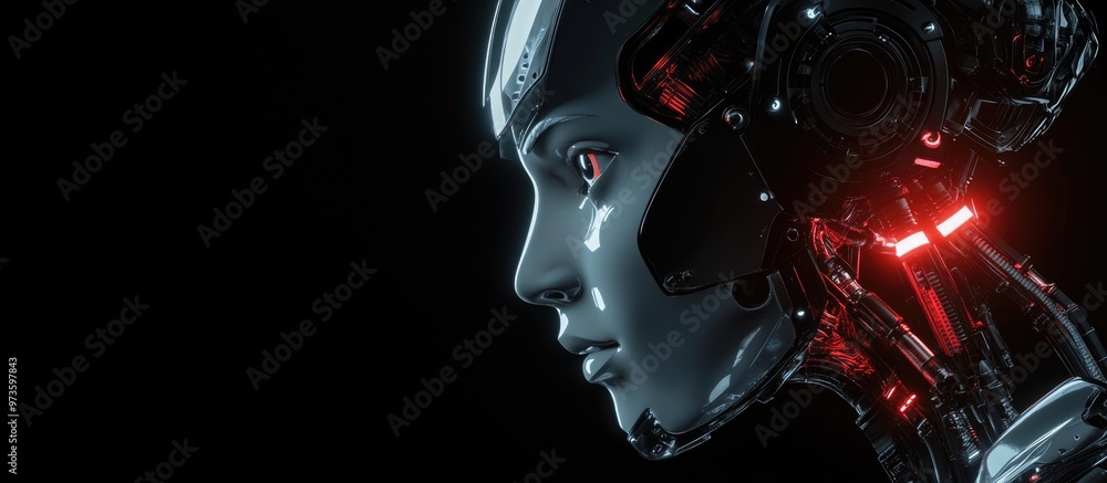 Poster close up view of a futuristic robot head or intricate humanoid cyber face isolated on a black backgr