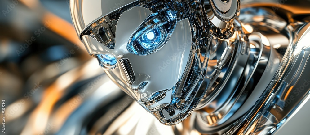 Poster abstract illustration of virtual robotics technology set on a reflective metal backdrop showcasing t