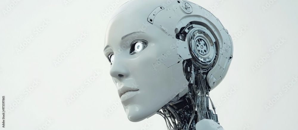 Poster 3d rendering of an open eyed severed android robot head on a stand featuring a white background this