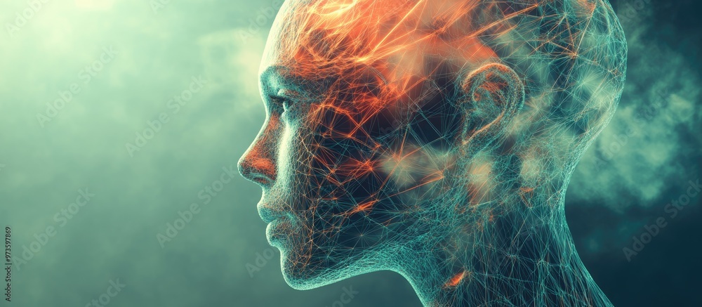 Poster 3d representation of a human head featuring geometric design elements ideal for applications in avat