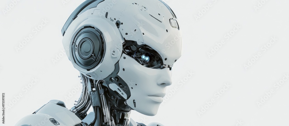 Poster 3d rendered humanoid robot wearing a headset against a white background