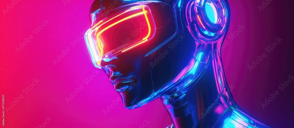 Poster iridescent plastic robot or artificial human illuminated by neon lights showcasing a 3d rendered des