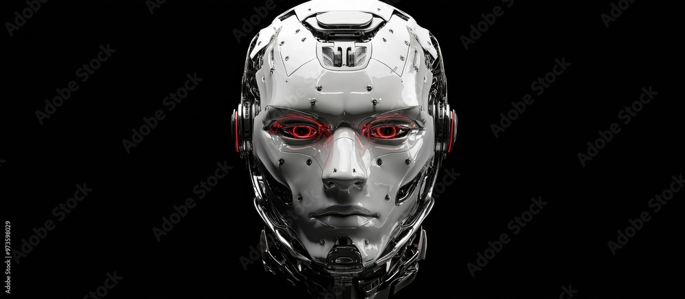 Poster highly detailed humanoid robot face or cyborg head exhibiting a serious or angry expression front vi