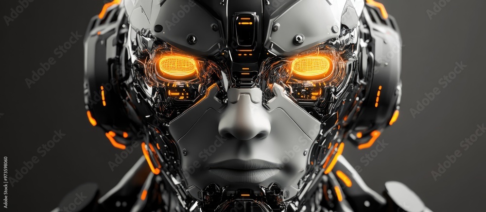 Poster front view of an advanced cyborg face design 3d rendering