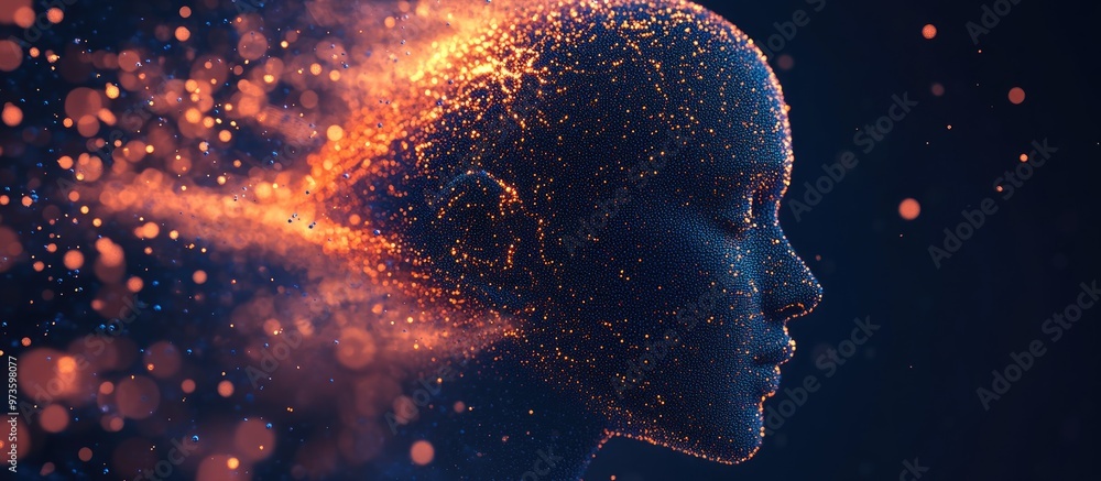 Aufkleber pixel art illustration depicting a human head composed of particles representing concepts of artific