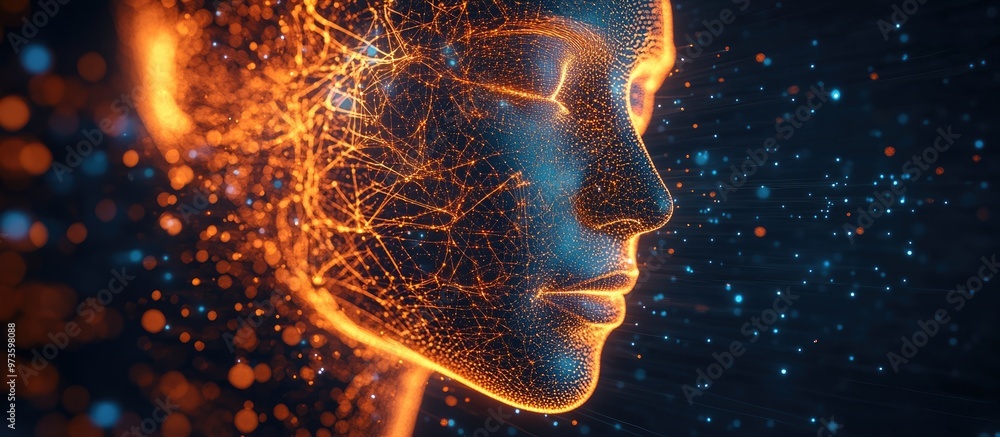 Poster abstract lines form a human face with a caustics effect showcasing a sophisticated flow of particles