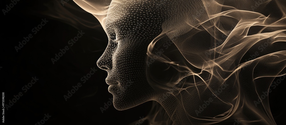 Poster spiral arrangement of a human silhouette s face outline intertwined with abstract elements exploring