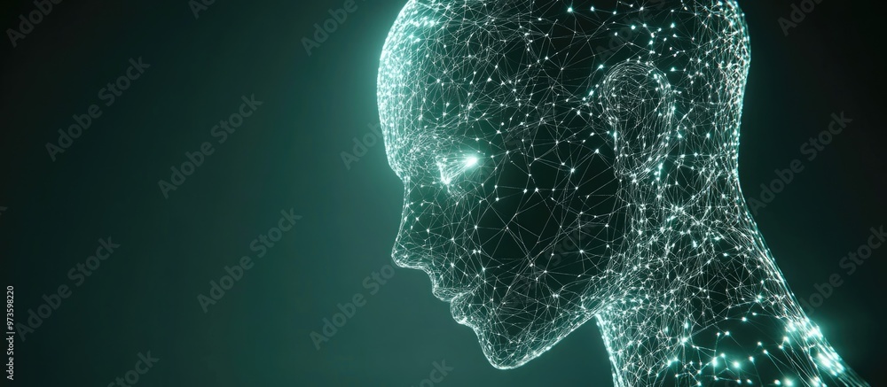 Poster abstract humanoid robot in a futuristic low poly wireframe design made of glowing dots and thin line