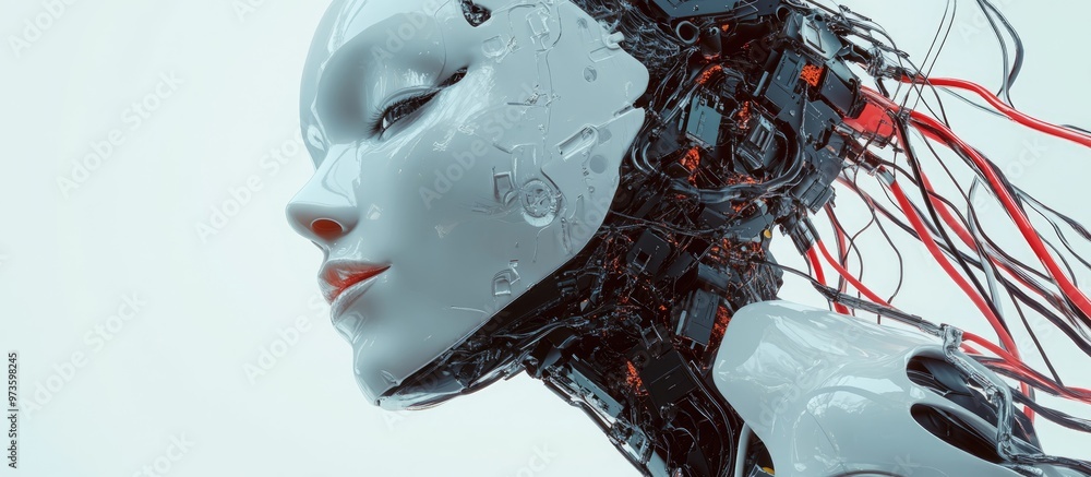 Poster stunning female robot on a white backdrop this ai entity featuring a human like face and hands is li
