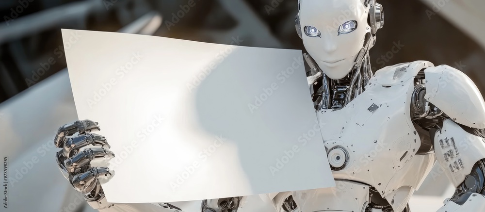 Poster 3d rendering of an artificial intelligence cyborg or robot holding a blank sign