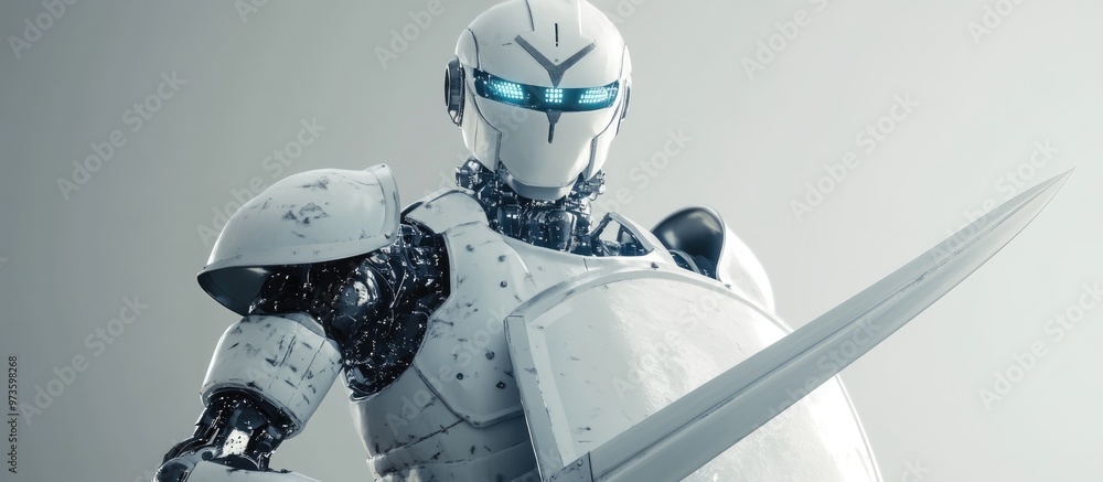 Poster 3d render of a robotic knight wielding a sword and shield representing the concept of digital data p