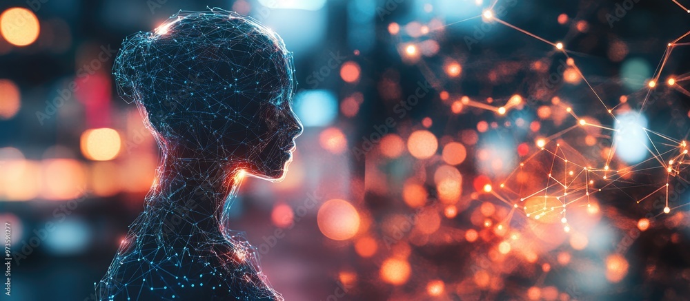 Poster humanoid female figure in the foreground with a blurred backdrop interacting with a digital global n