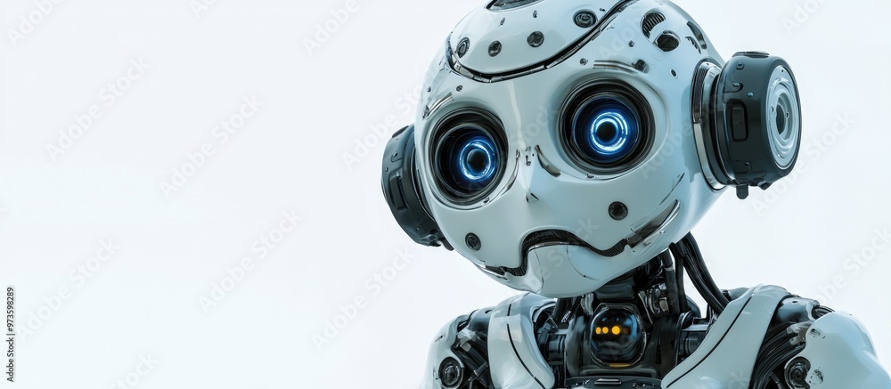 Poster fearful robot with a distressed expression on a white background presented in a close up 3d illustra