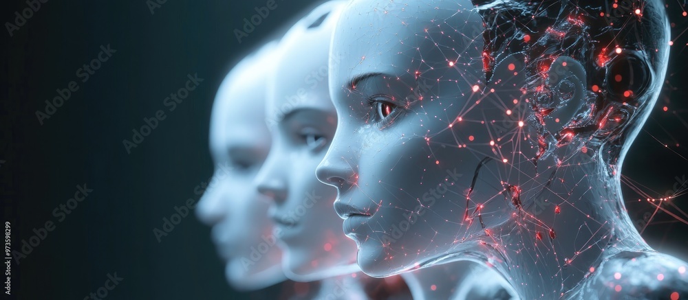Poster cluster of female robot heads forming a digital sphere network connection in 3d visualization