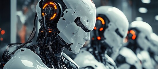 Fototapeta premium Future robots connected to human bodies through computer implants