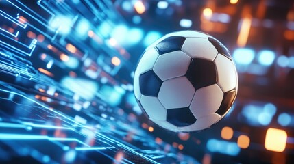 Fototapeta premium 3D soccer ball design with a realistic rendering against an abstract futuristic backdrop Features motion geometry emphasizing sports competition and tournament themes