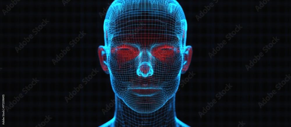 Poster high resolution 3d wireframe representation of a male head against a black background symbolizing te
