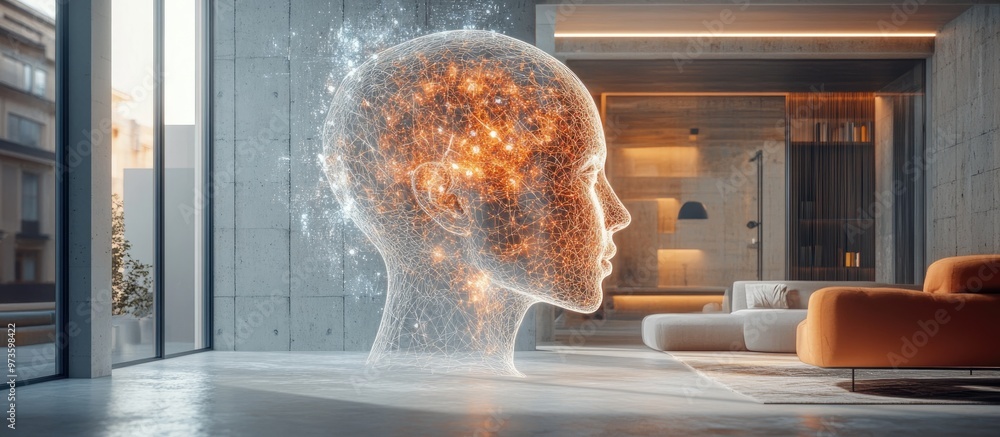 Poster abstract representation of artificial intelligence featuring a sketched human head overlay on a cont