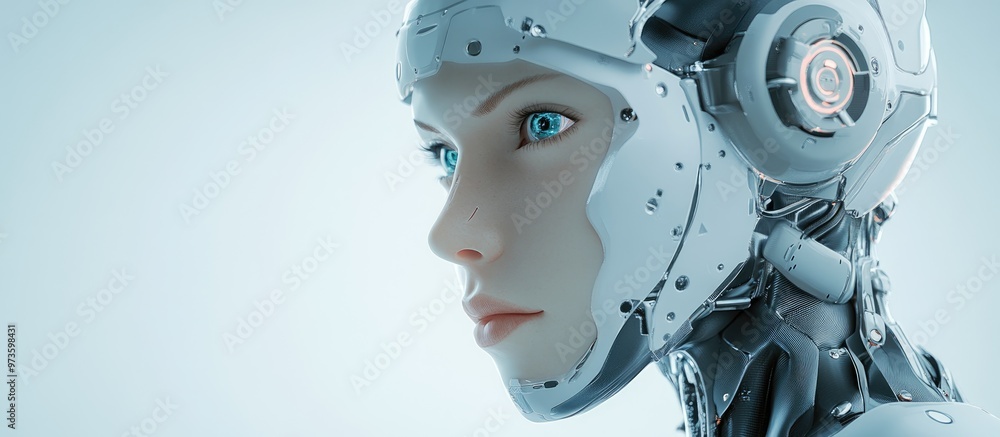 Poster cyborg portrait with a realistic 3d design set against a bluish backdrop