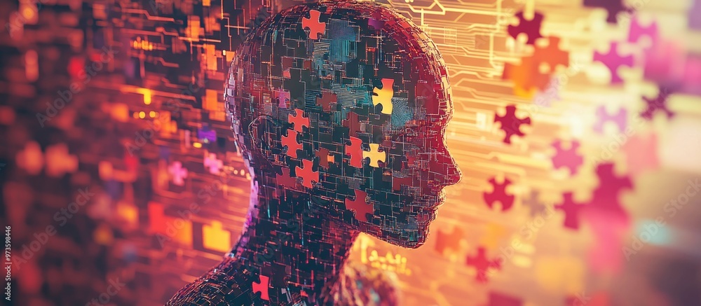 Poster mysterious figure composed of jigsaw pieces set against an abstract circuit board backdrop in this 3