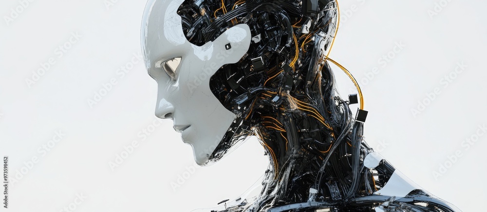 Poster 3d rendering of a humanoid robot featuring intricate wiring set against a white background