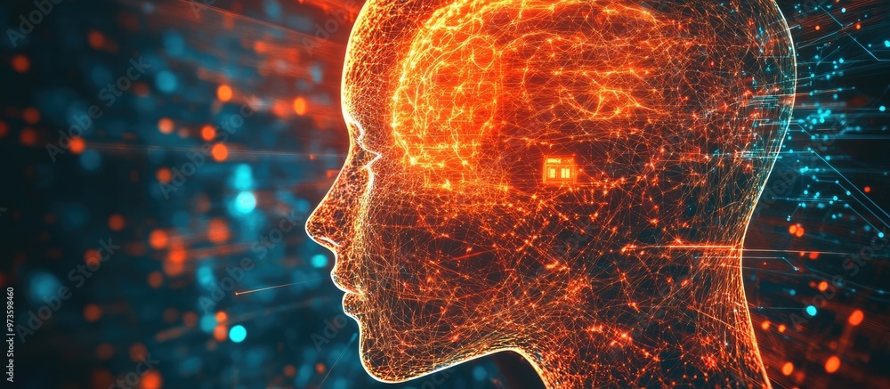Poster digital mind series fusion of human facial silhouette and technology symbols exploring themes of com