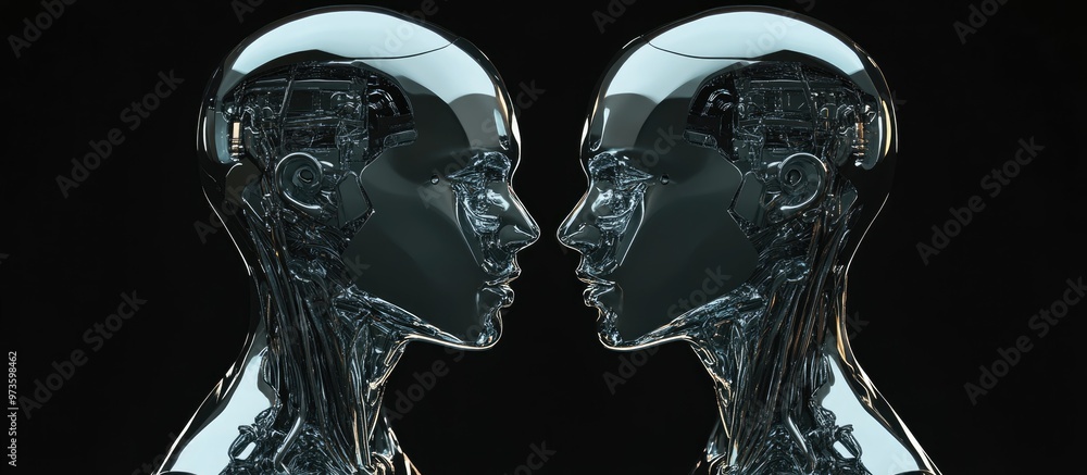 Poster 3d render of two futuristic robot heads representing a man and a woman cybernetic faces displayed fr