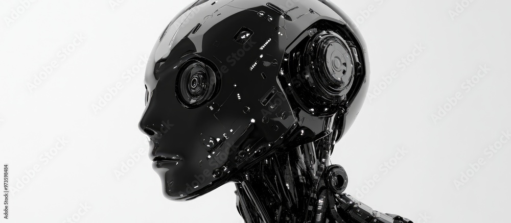 Poster detailed depiction of a black ai robot on a white background high quality 3d rendering and illustrat