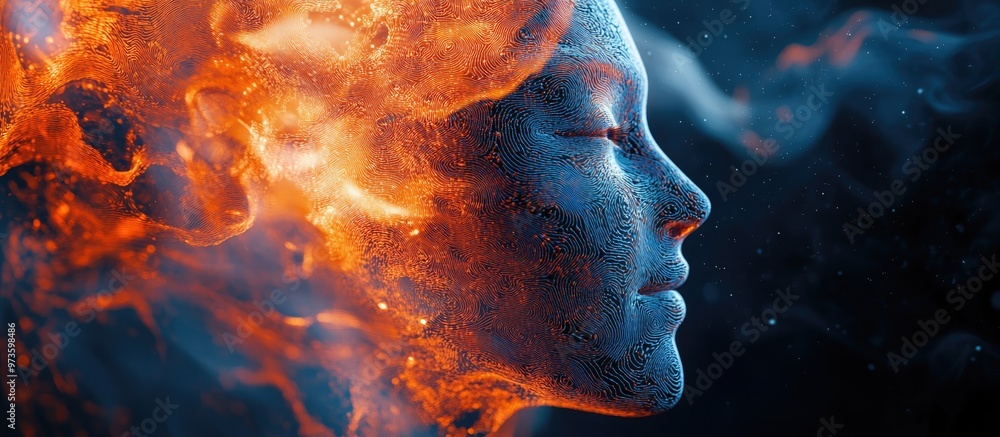 Poster conceptual representation of a face created with swirling vortexes in a 3d rendering style illustrat