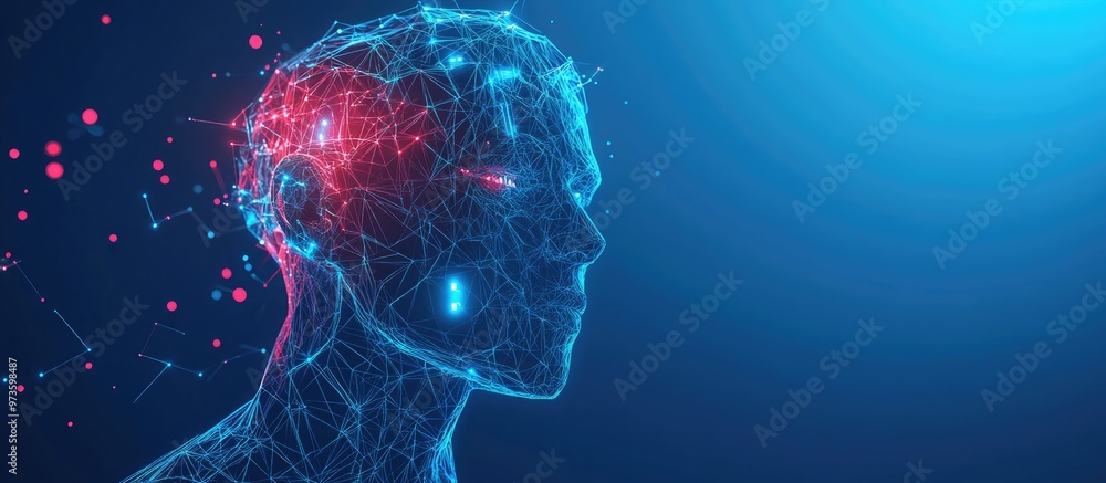 Poster cyborg with a microchip in its head depicted in a low poly design featuring lines and dots against a