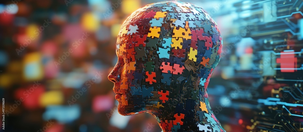 Poster mysterious figure composed of jigsaw pieces set against an abstract circuit board backdrop in this 3