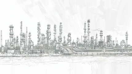 Sketch of an Industrial Refinery Complex by a Body of Water