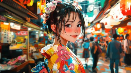 A kawaii Japanese girl with a playful smile, wearing a colorful and cute outfit, standing in a bustling street market