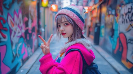 A kawaii Japanese girl with a trendy outfit, posing with a peace sign in a vibrant urban street...