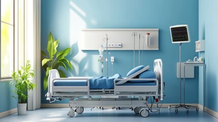 Empty hospital bed with IV pole and monitor in a blue room.