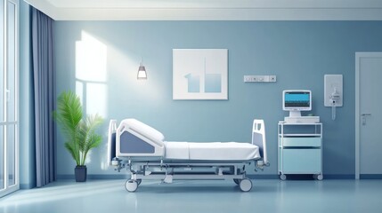 Modern hospital room with a bed, medical equipment and plant.
