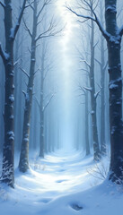 Background of a Realistic simulation of winter solstice in isolated snowy forest after snow fall. Beautifully natural winter scene.
