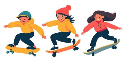 Dynamic Trio: Minimalist Vector Illustration of Joyful Kids Skateboarding Together in Flat Design Style Against White Background