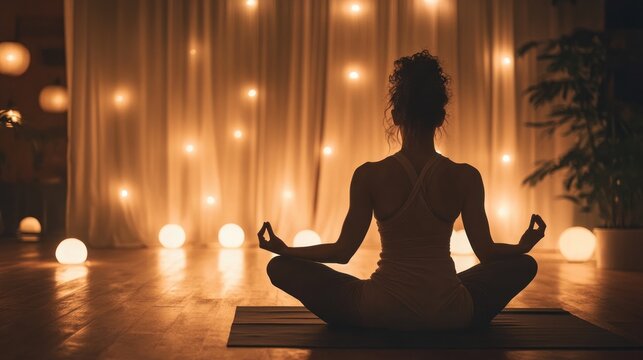 A person practicing spiritual yoga in a serene studio with dimmed lights and soft chanting in the background