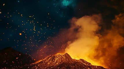 Majestic Volcanic Eruption with Flowing Lava and Billowing Smoke Illuminating the Night Sky, Capturing the Raw Power of Nature in an Awe-Inspiring Scene