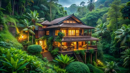Obraz premium Beautiful jungle shack accommodation at dusk