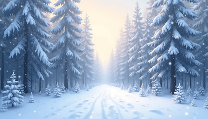 Background of a Realistic simulation of winter solstice in isolated snowy forest after snow fall. Beautifully natural winter scene.
