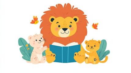 Obraz premium Storytime with Cute Cartoon Lion: Educational Reading Session for Baby Animals in Minimalist Vector Illustration