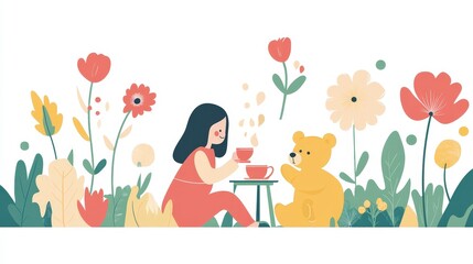 Obraz premium Joyful Tea Party in Colorful Garden - Minimalist Vector Illustration of Young Girl and Teddy Bear in Playful 2D Flat Style