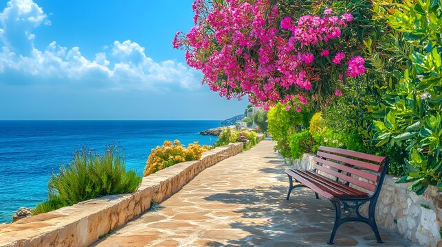 海と青空を背景に、ベンチと色とりどりの花が咲く美しいリゾート遊歩道