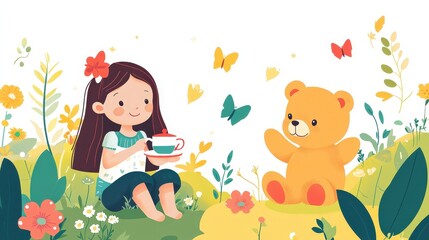 Sweet Tea Party: Playful Girl with Teddy Bear in Colorful Garden Vector Illustration