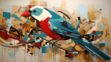 A vibrant, stylized depiction of a bird, blending colors and shapes to create an artistic representation.