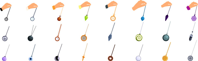 Swinging hypnosis pendulum icons set. Set of hypnotist hands holding a pendulum making a swinging motion