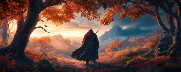 A cloaked figure stands in a misty, autumnal forest at sunset, overlooking distant mountains,...